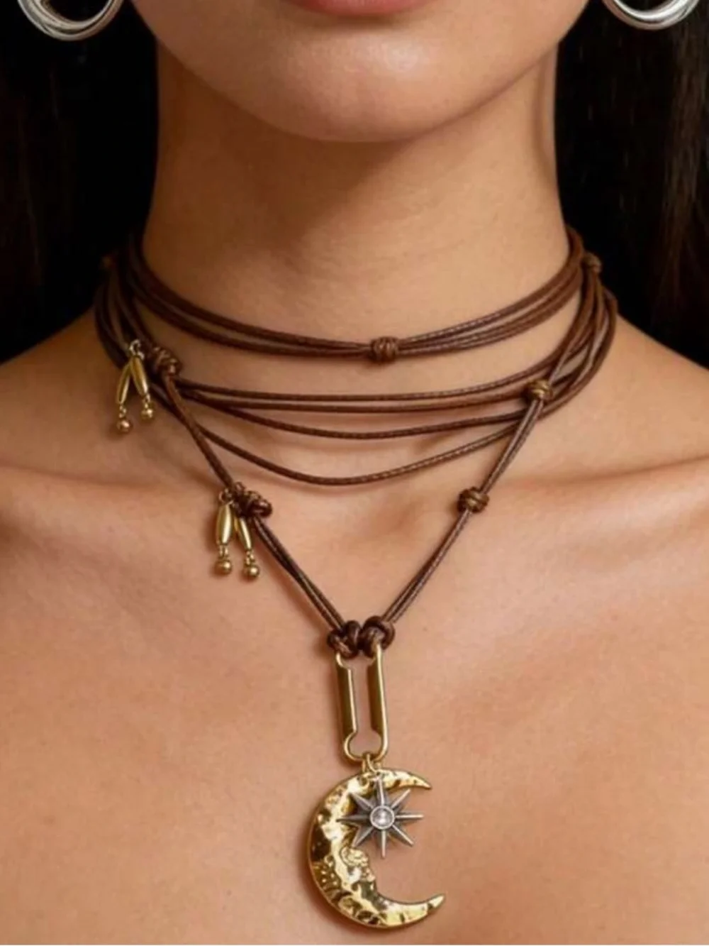 Brown Leather Wrap Necklace with Gold Crescent Moon Pendant